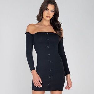 Yandy Button Up Black Off-Shoulder Dress Bodycon Sexy Size Large